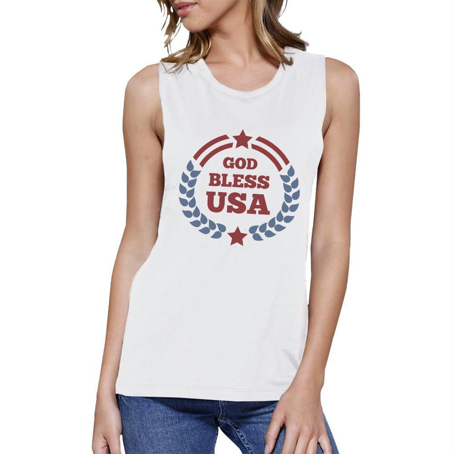 God Bless USA Womens White Cap Sleeve Cotton Muscle Top For Women