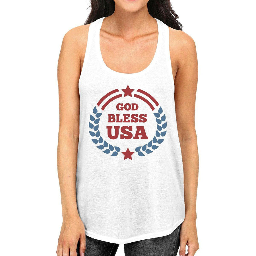 God Bless USA Womens White Cotton Tank Top Independence Day Gifts