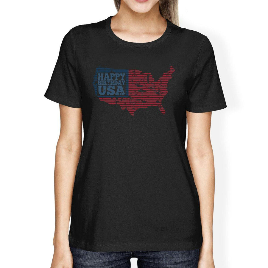 Happy Birthday USA American Flag Shirt Womens Black Graphic T-Shirt