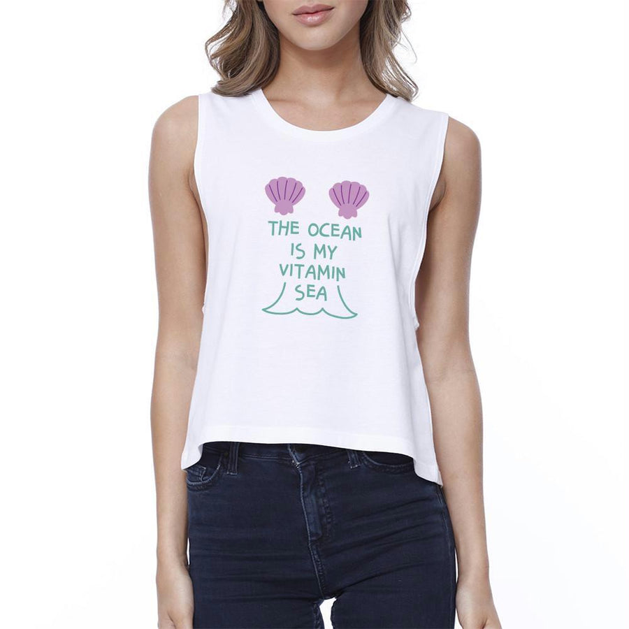 Ocean Is My Vitamin Sea Womens White Dropped Arm Holes Crop Tee