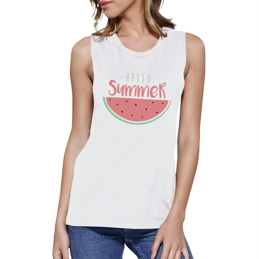 Hello Summer Watermelon Womens White Muscle Top