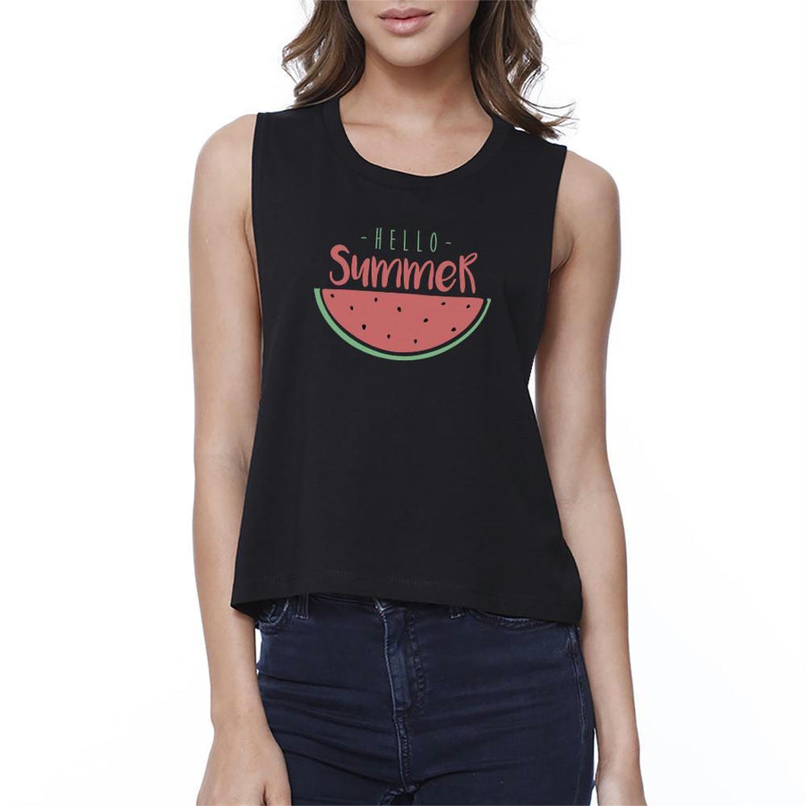 Hello Summer Watermelon Womens Black Crop Top