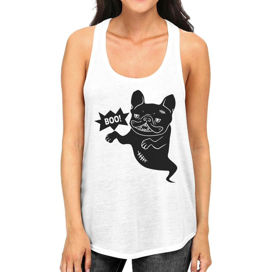 Boo French Bulldog Ghost Womens White Tank Top