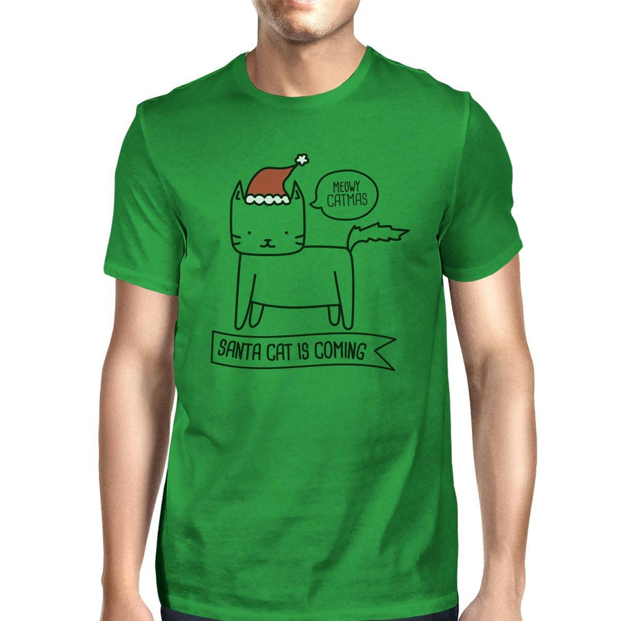 Meowy Catmas Santa Cat Is Coming Mens Green Shirt