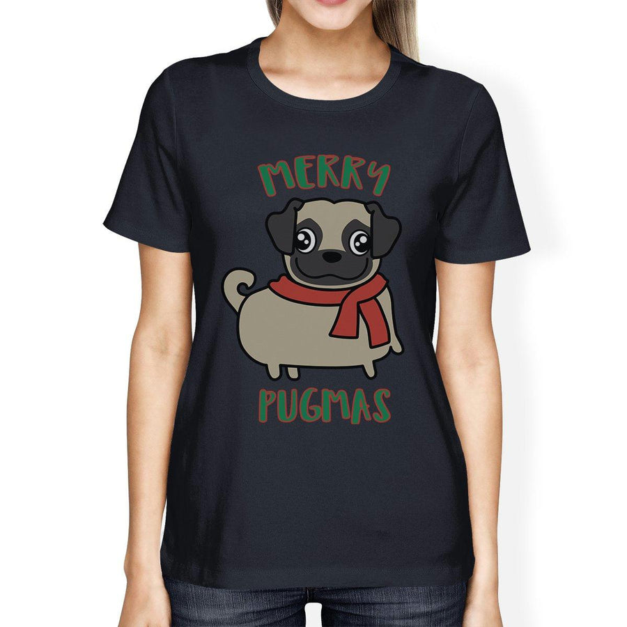 Merry Pugmas Pug Womens Navy Shirt