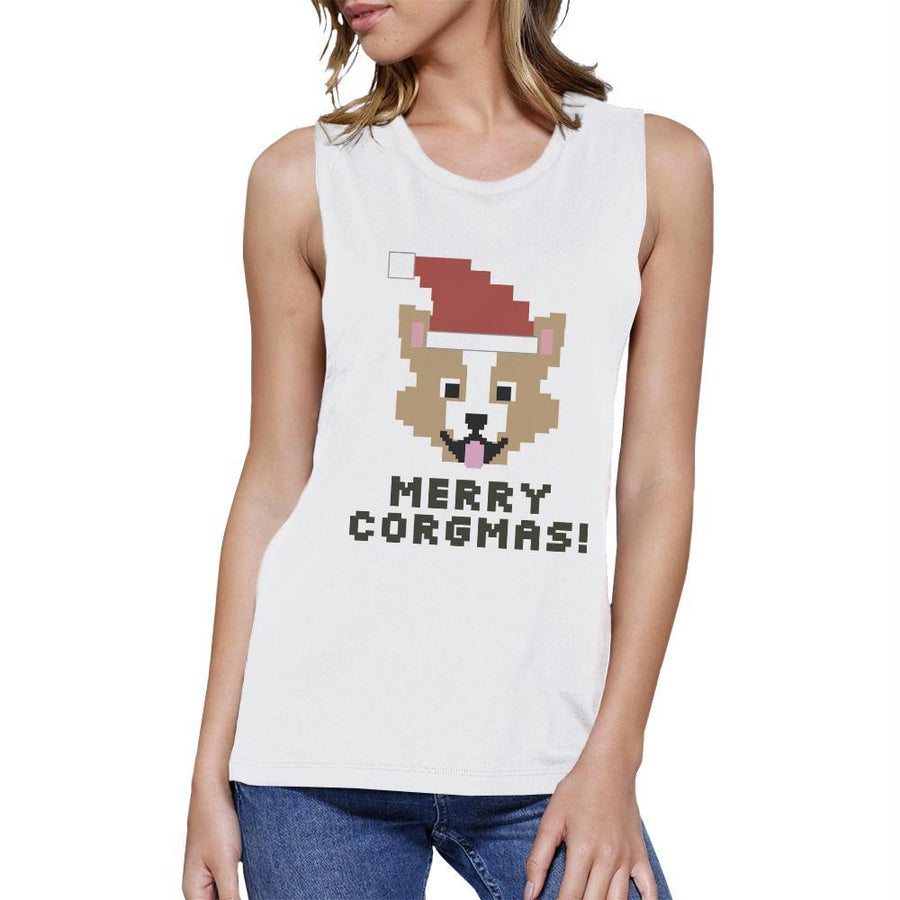 Merry Corgmas Corgi Womens White Muscle Top