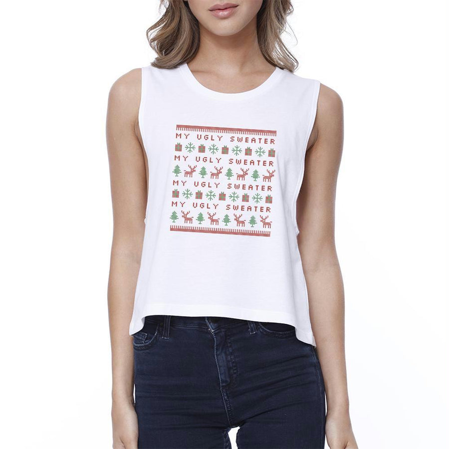 My Ugly Sweater Pattern Womens White Crop Top