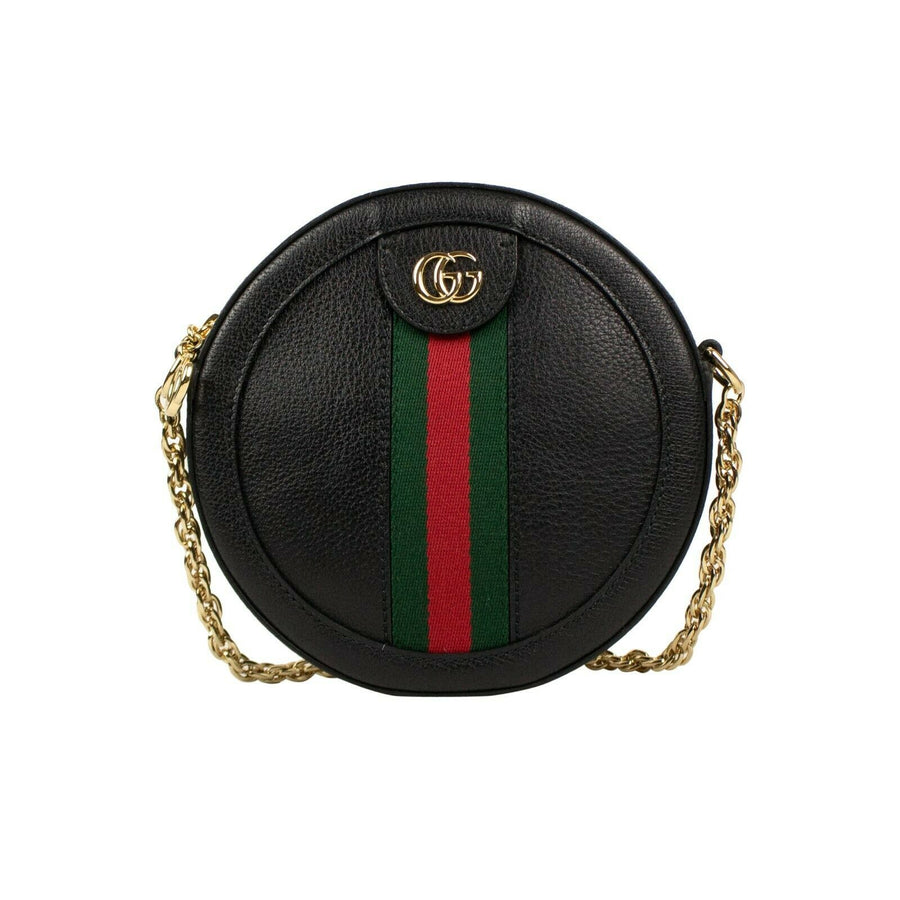 Mini Round Leather Ophidia Web Shoulder Bag - Black