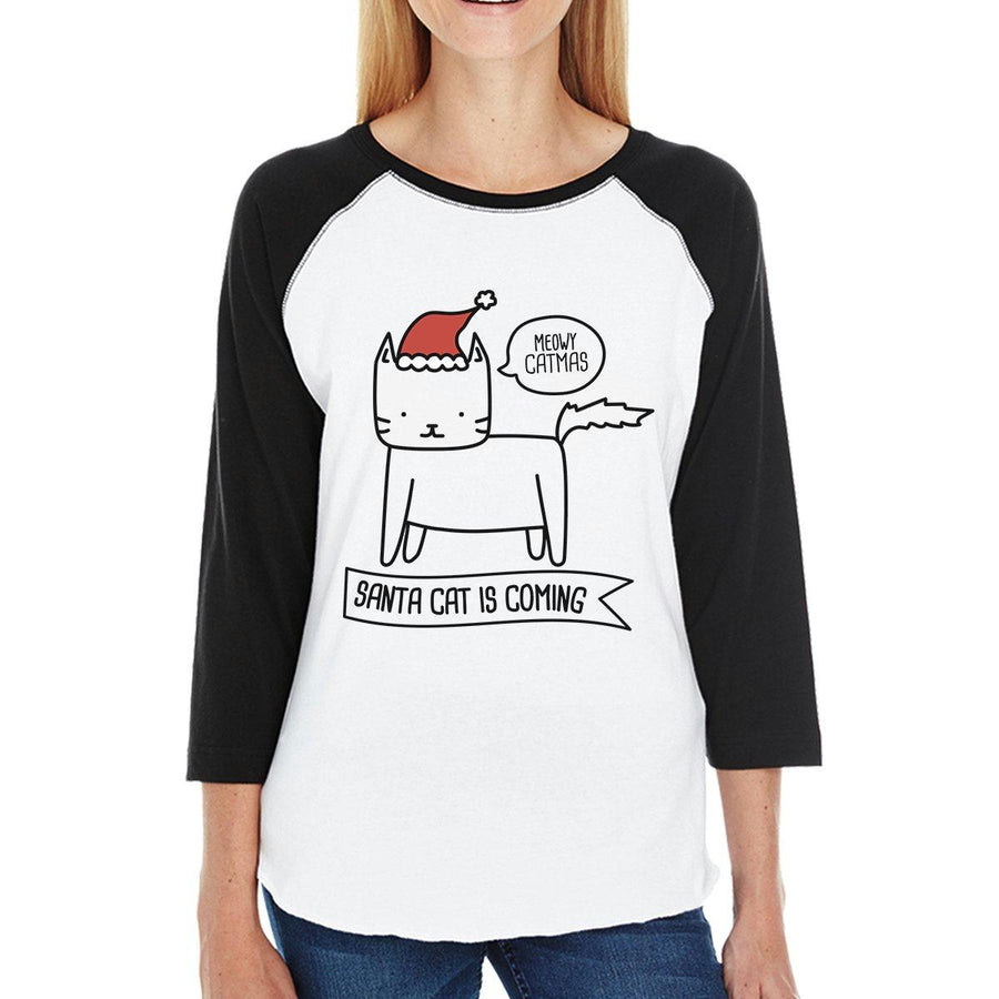 Meowy Catmas Santa Cat Is Coming Womens Black And White Baseball Shirt