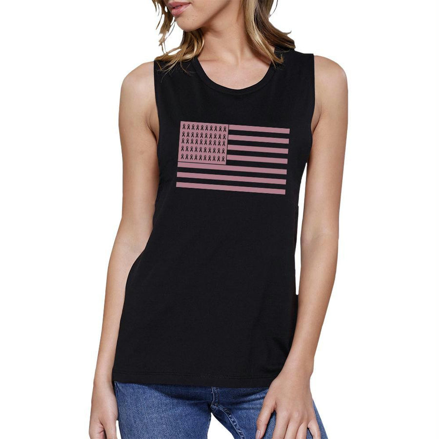 Breast Cancer Awareness Pink Flag Womens Black Muscle Top