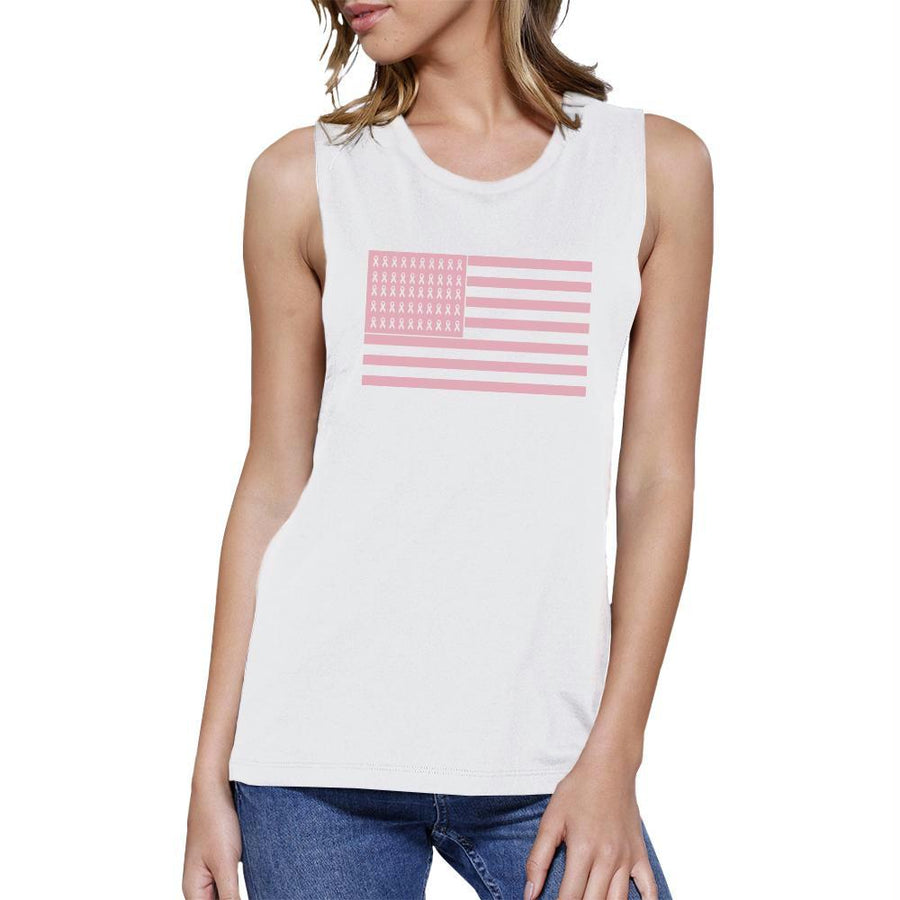 Breast Cancer Awareness Pink Flag Womens White Muscle Top