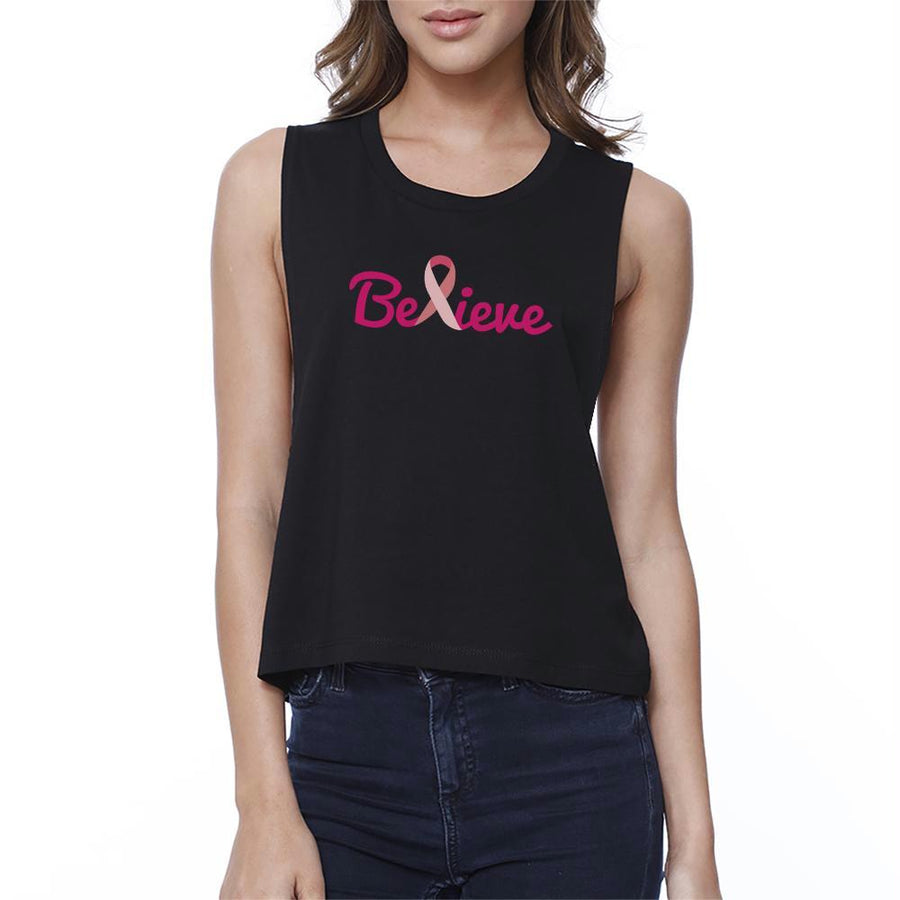 Believe Breast Cancer Awareness Womens Black Crop Top