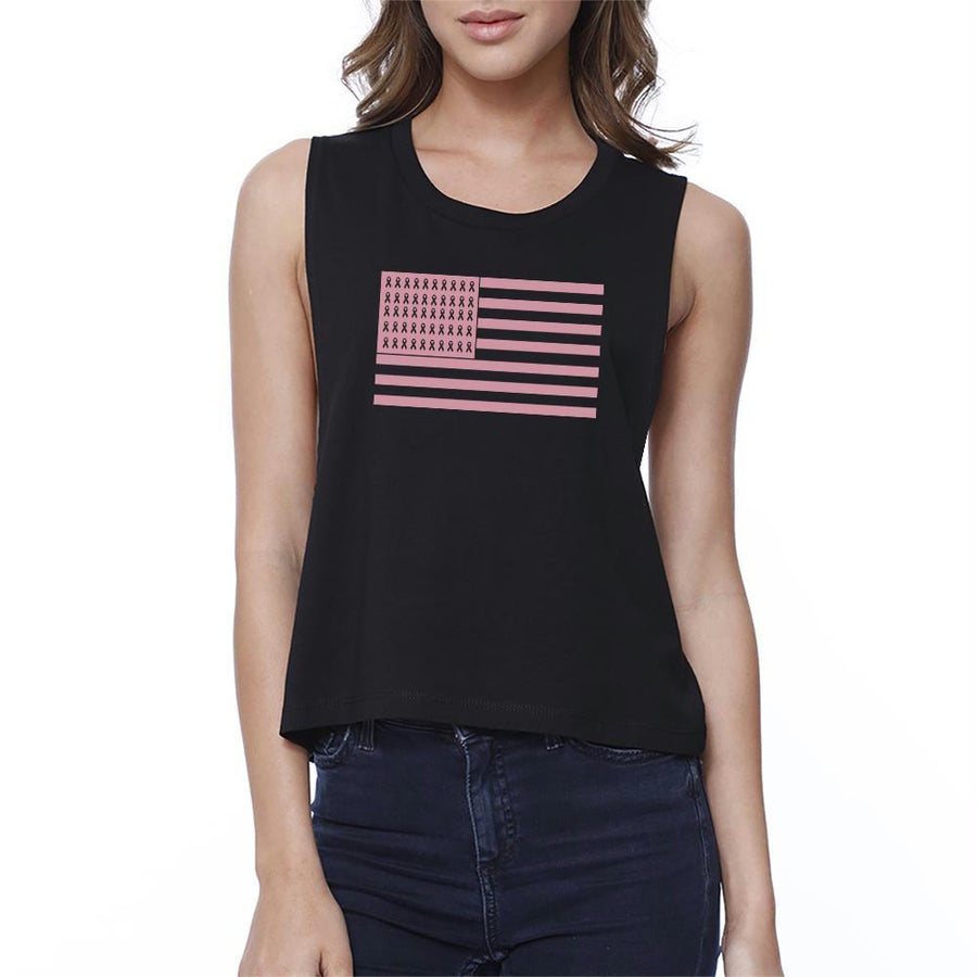 Breast Cancer Awareness Pink Flag Womens Black Crop Top