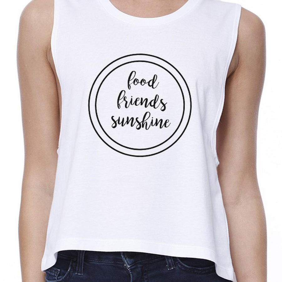 Food Friends Sunshine Womens White Graphic Crop Top Letter Printed