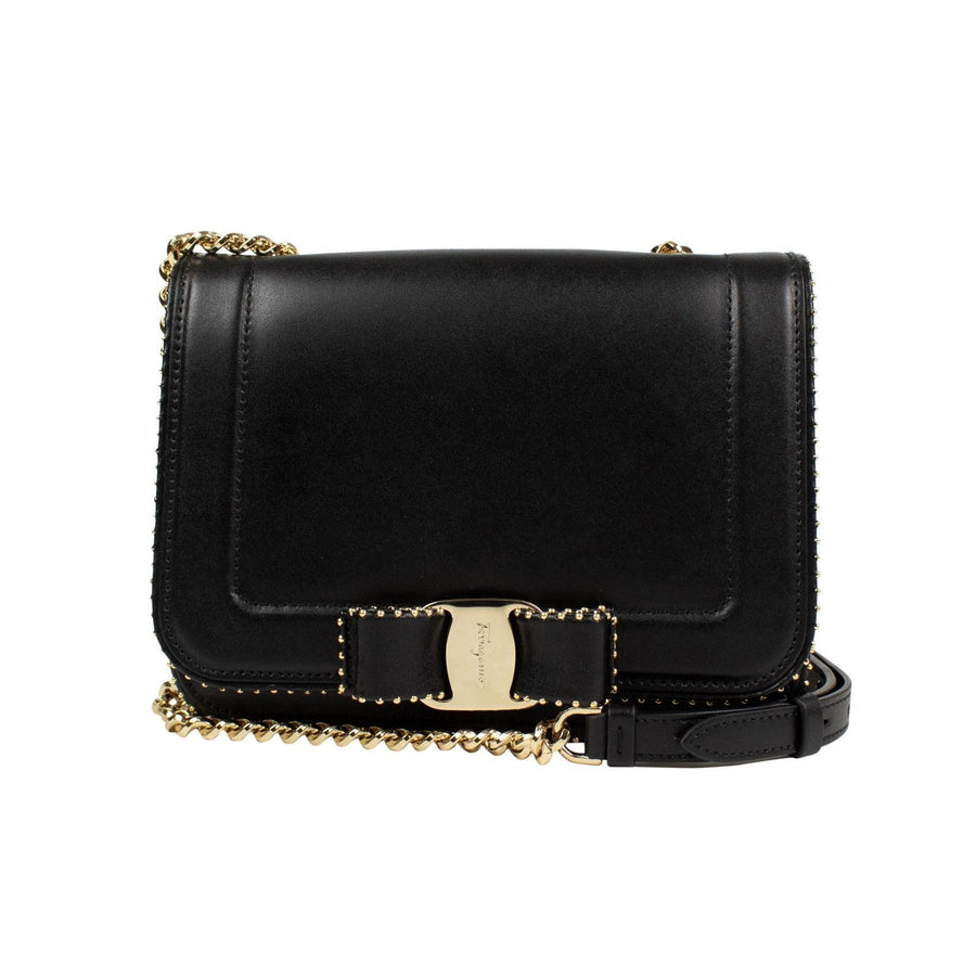 Leather Stud Vara Bow Flap Shoulder Bag - Black / Gold