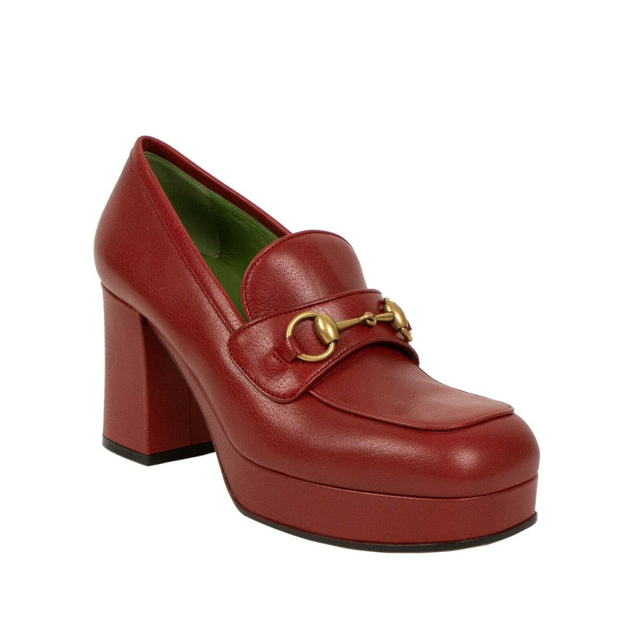 Leather Platform Horsebit Loafer Pumps - Red