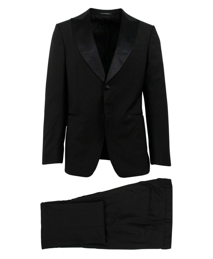 Wool Two Button Tuxedo Suit - Black