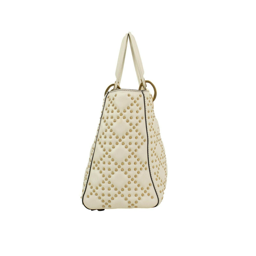 Medium Lady Dior Calfskin Leather Studded Shoulder Bag - White