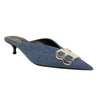 Vintage Denim Leather Kitten Heel Mules - Blue