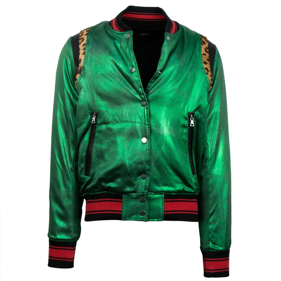 Metallic Silk Baseball Bomber Varsity Jacket - Green