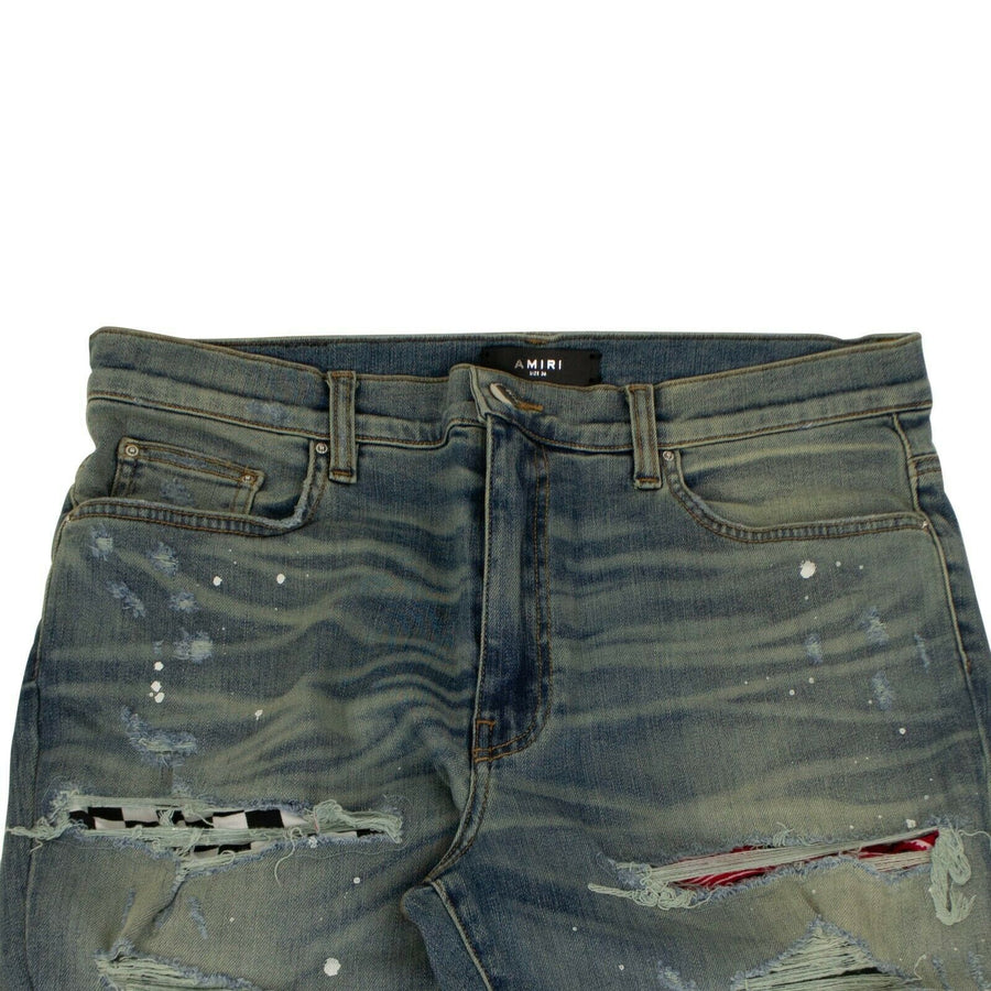 Denim Skinny Distressed Painted Jeans - Blue