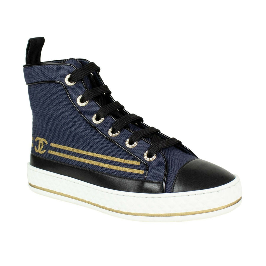 Burlap And Leather Lace Up Sneakers - Navy Blue