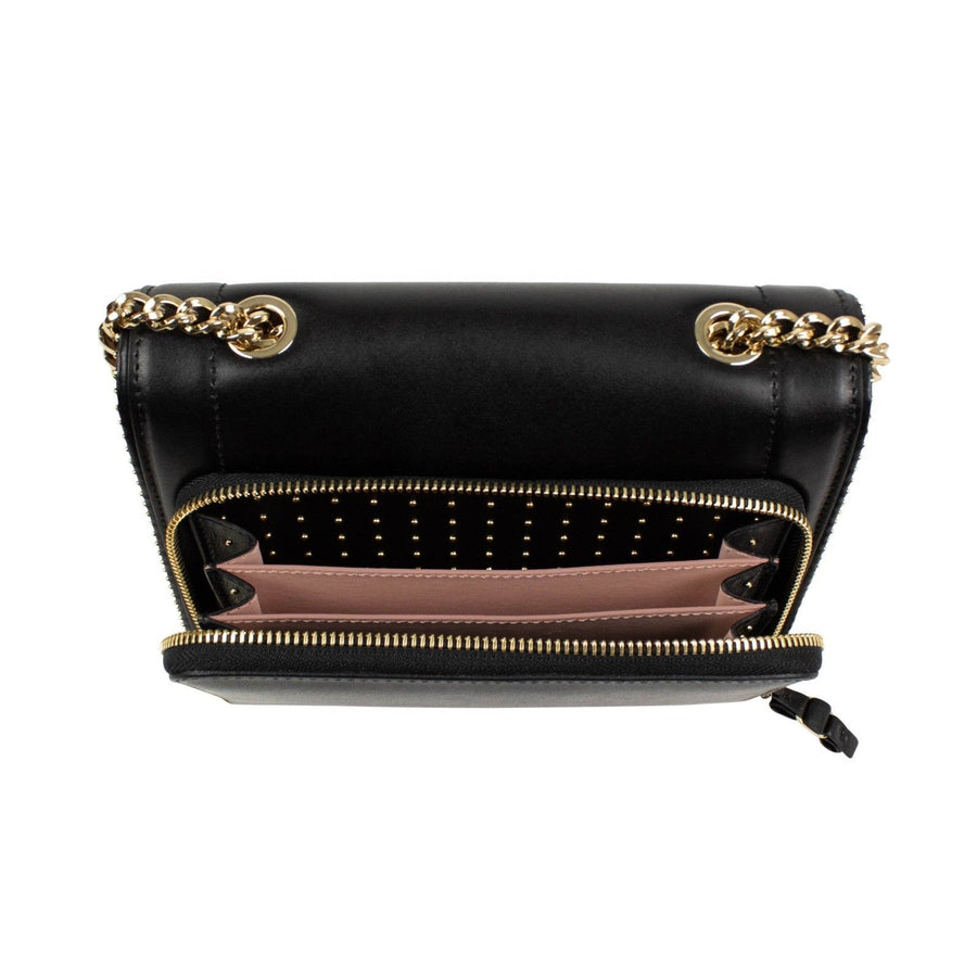 Leather Stud Vara Bow Flap Shoulder Bag - Black / Gold