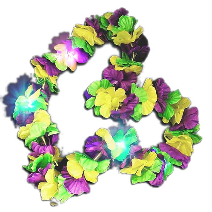 Tri Color Hawaiian Mardi Gras Flower Lei Flashing Necklace