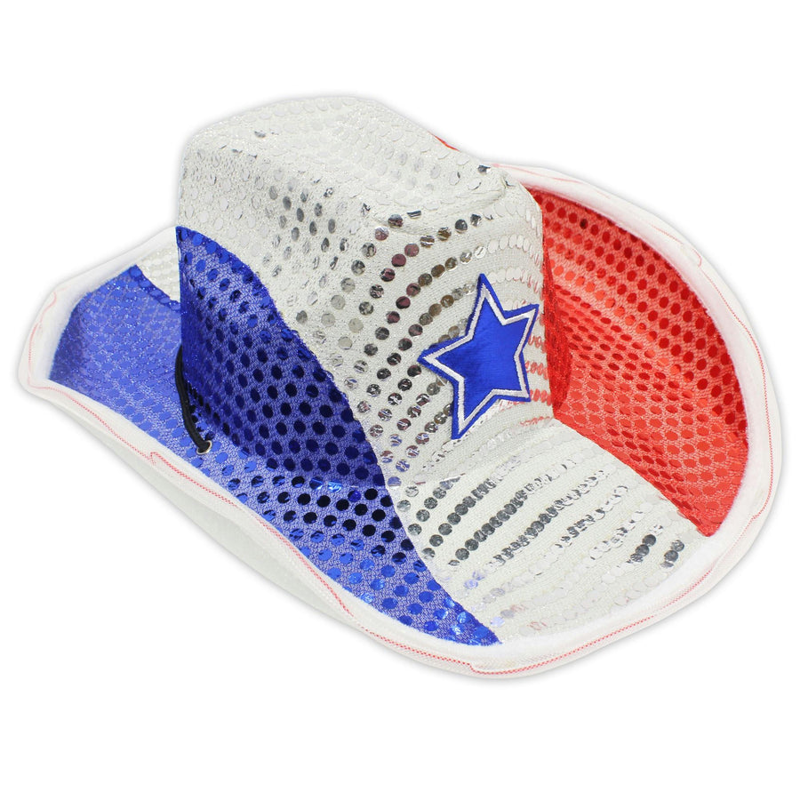 Light Up LED Flashing Cowboy Hat with Red White and Blue Sequins