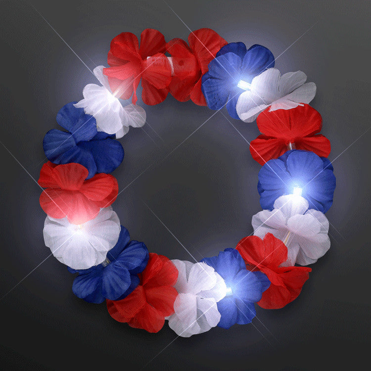 Light Up Flower Hawaiian Stretch Crown Red White and Blue for 4th of July