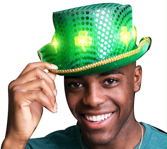 LED Green Clover Ultimate Sequin Plush Irish Top Hat with Shamrocks for St. Patrick’s Day