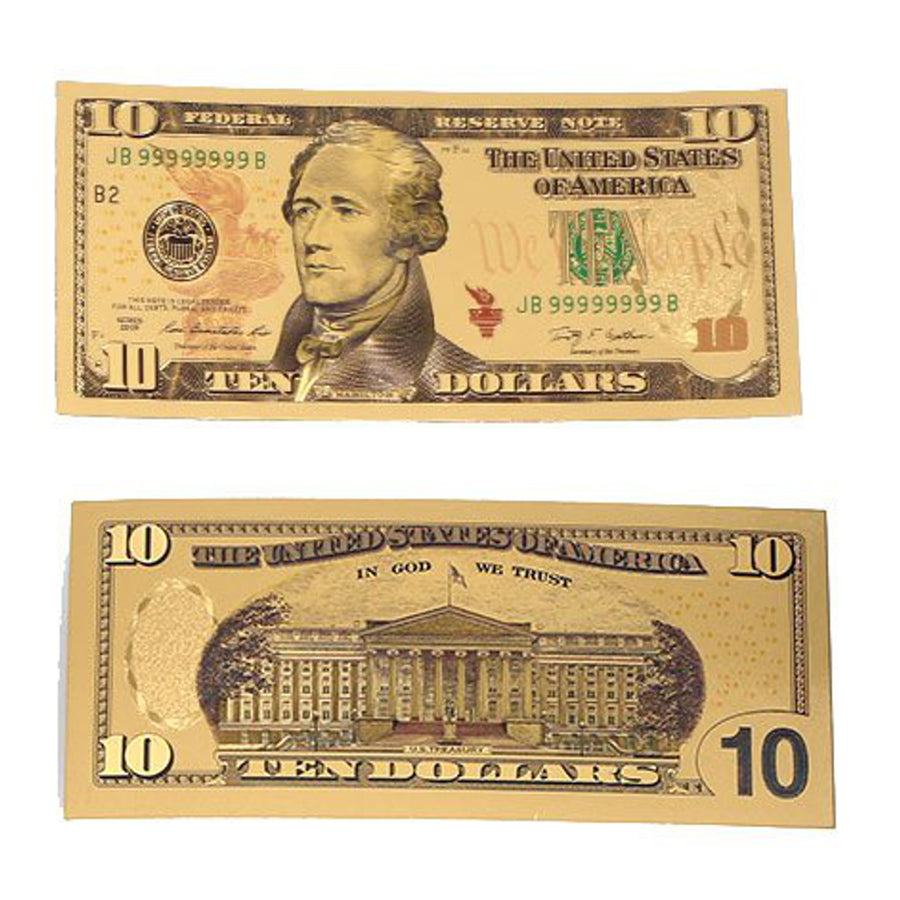 Ten Dollar Commemorative Collectible Premium Replica Paper Money Bill 24k Gold Plated Fake Currency Banknote Art Holiday Decoration