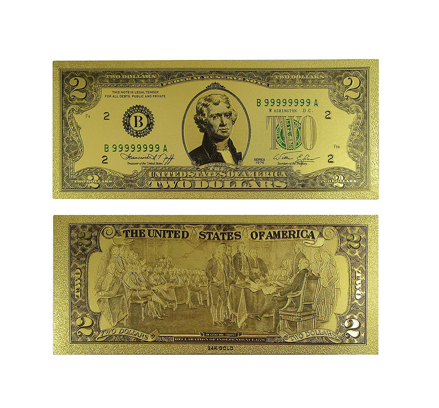 2 Dollar Commemorative Collectible Premium Replica Paper Money Bill 24k Gold Plated Fake Currency Banknote Art Holiday Decoration