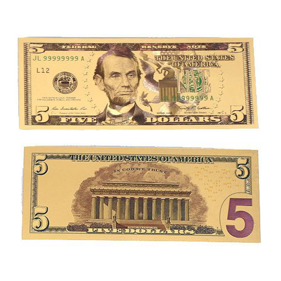 5 Dollar Commemorative Collectible Premium Replica Paper Money Bill 24k Gold Plated Fake Currency Banknote Art Holiday Decoration