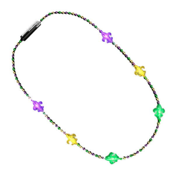 Beaded Small Fleur de Lis Charm Flashing Mardi Gras Necklace for Fat Tuesday