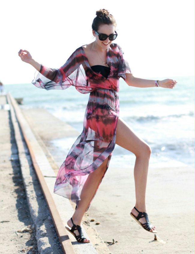 Fashion Slit Front Open Tie-dye Print Chiffon Beach Dress