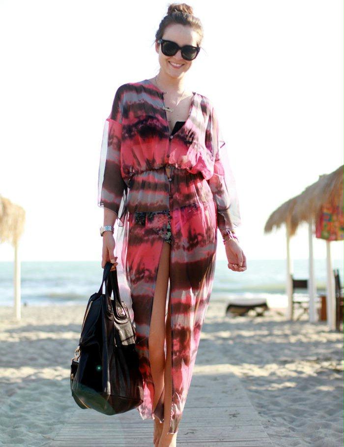 Fashion Slit Front Open Tie-dye Print Chiffon Beach Dress