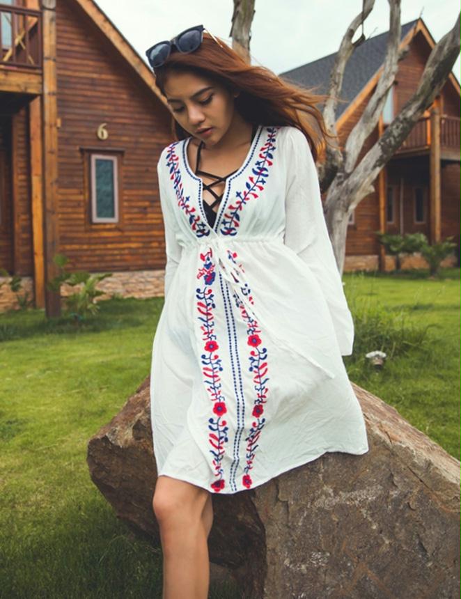 White Embroidered Kimono Long Sleeve Beach Dress