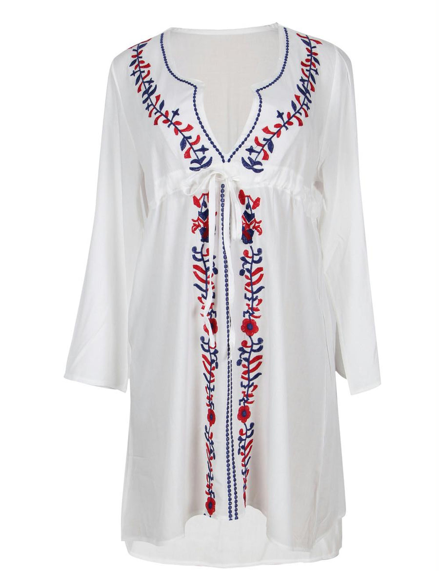 White Embroidered Kimono Long Sleeve Beach Dress