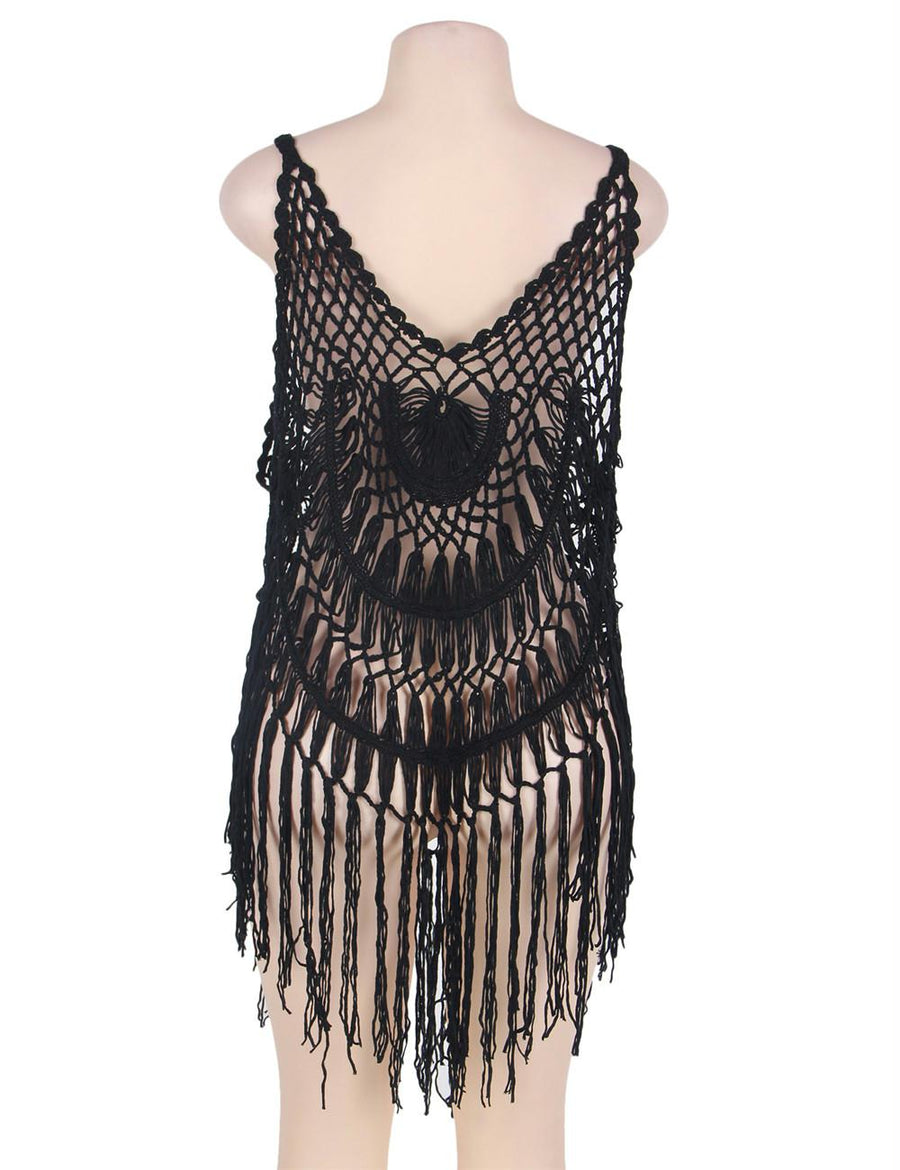 Black Knitted Hollow Out Cool Fringe Beachwear