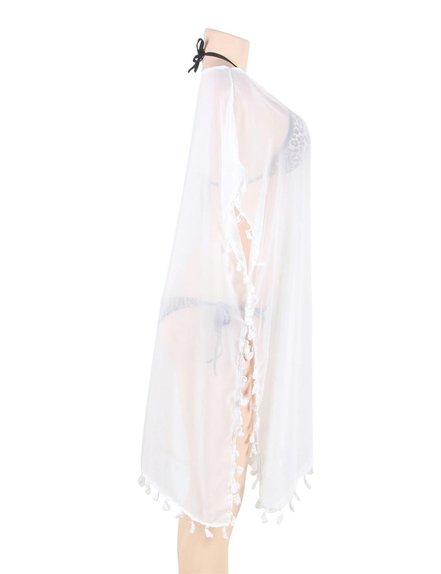 Pom Pom Tassel Hem White Gauze Cover up