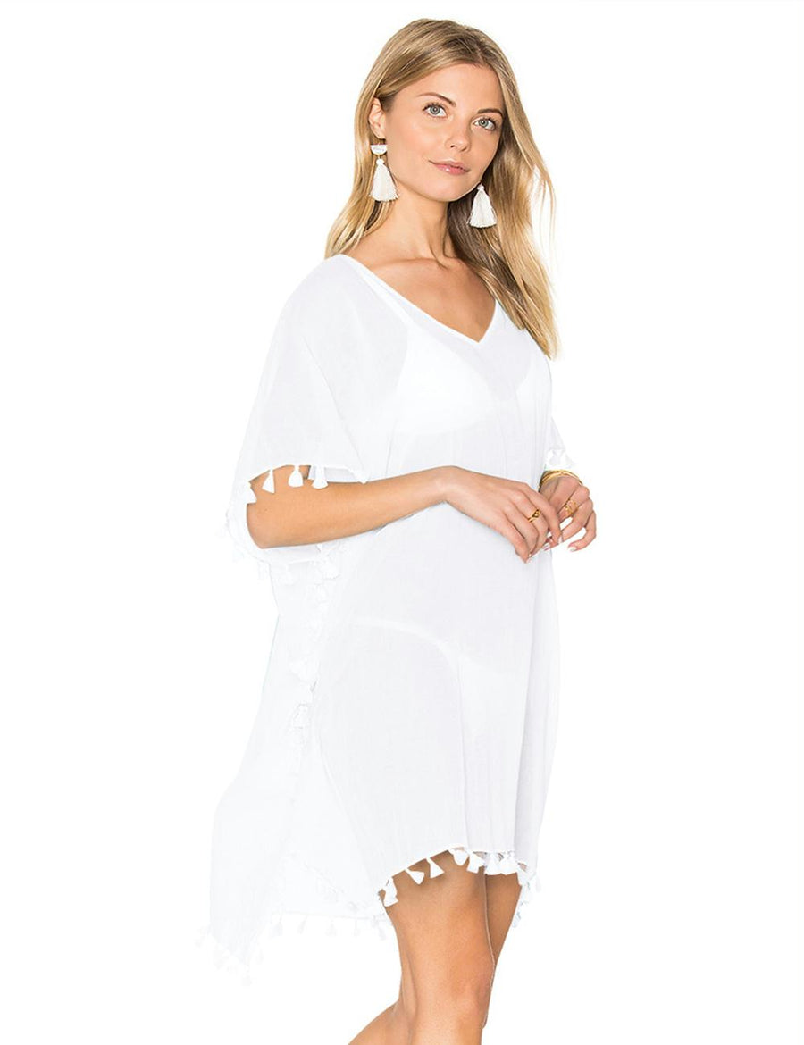 Pom Pom Tassel Hem White Gauze Cover up