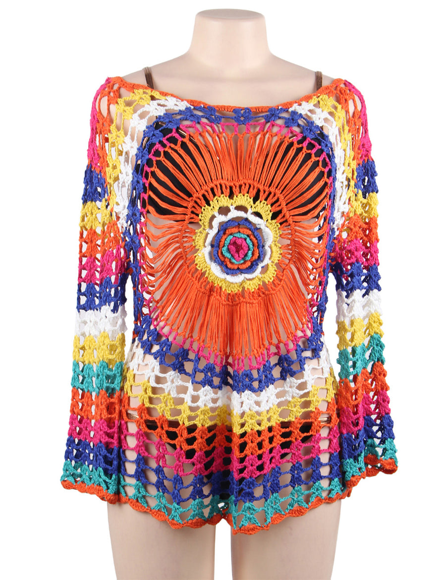 Long Sleeve Rainbow Knitted Handmade Crochet Hollow Beach Dress