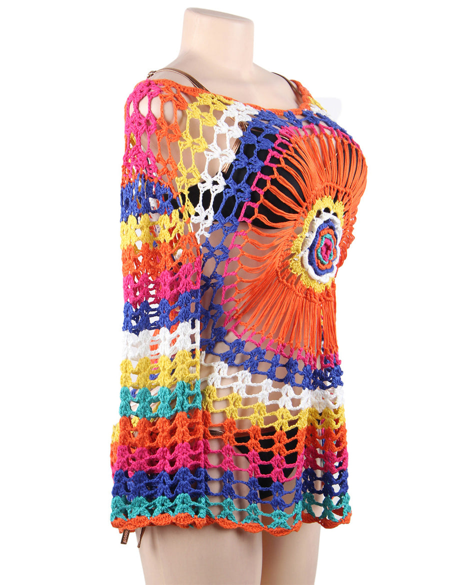 Long Sleeve Rainbow Knitted Handmade Crochet Hollow Beach Dress