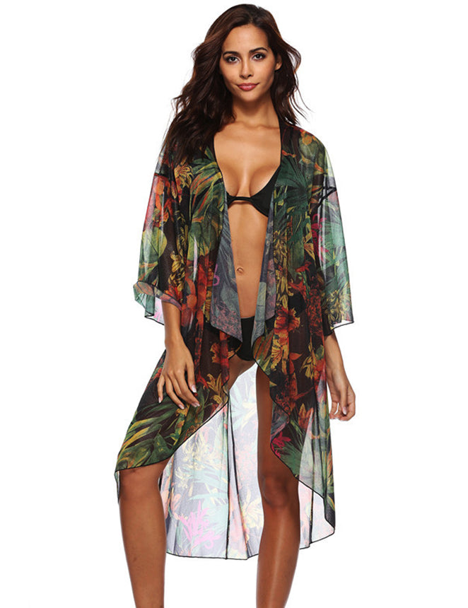 Floral Printed Sexy Sheer Chiffon Cardigan Beach Cover Up