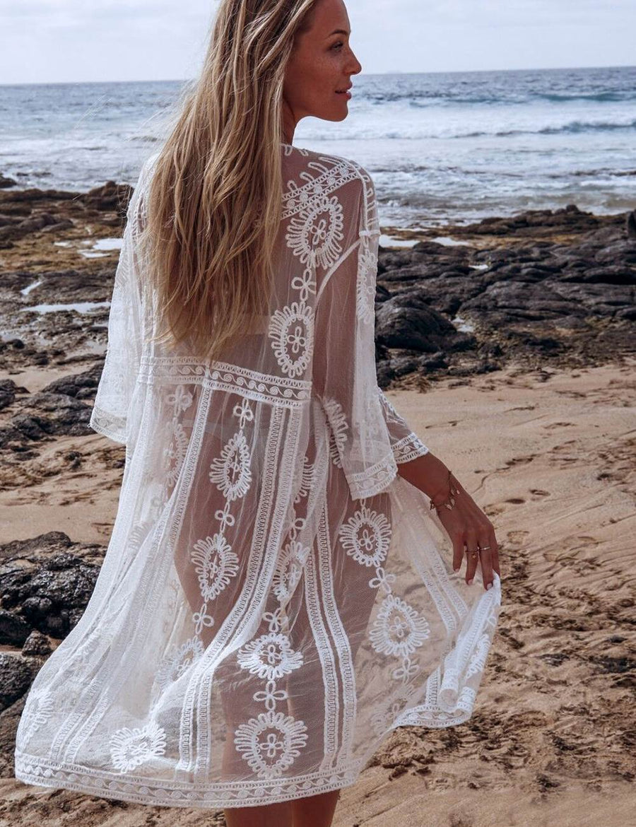 White Knitted Hollow out Long Cardigan Beach Gown