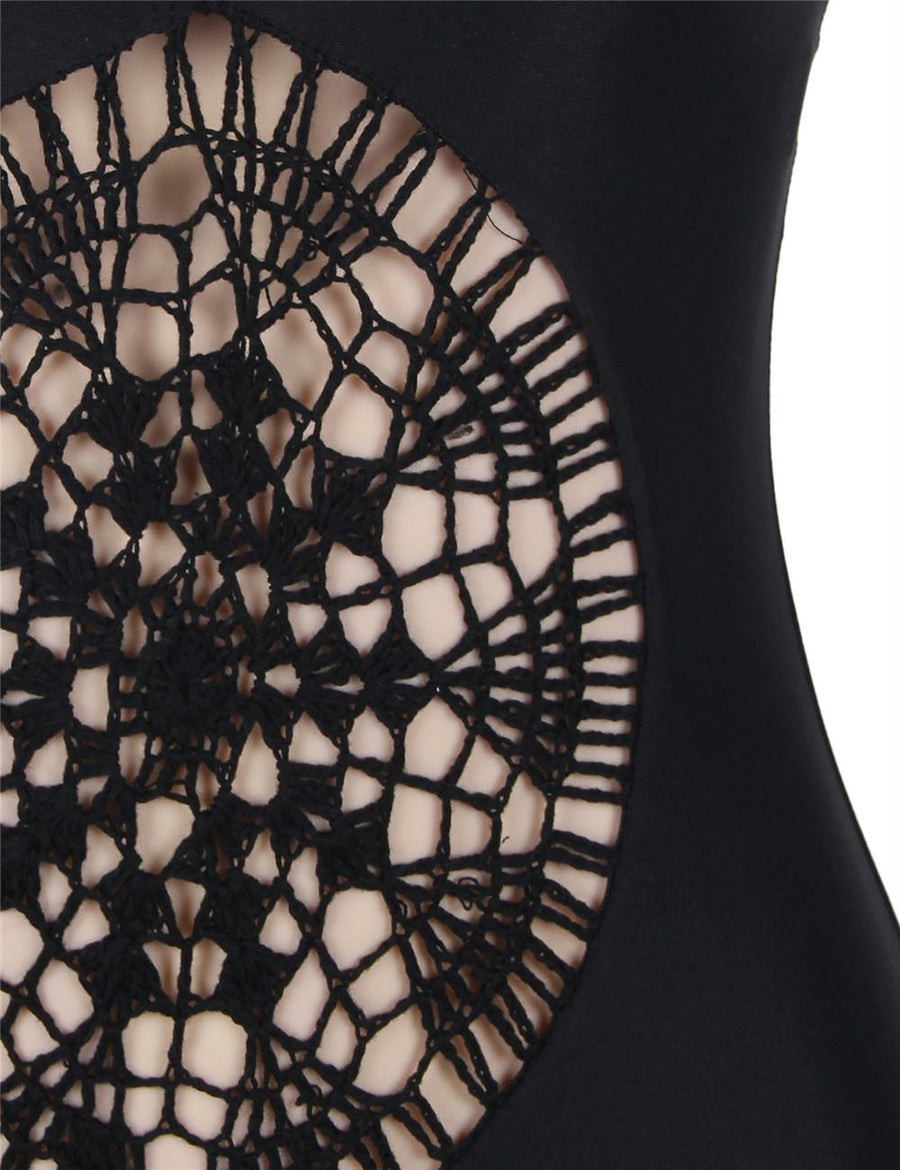 Black Crochet Front Hollow Out One Piece Swimsuit