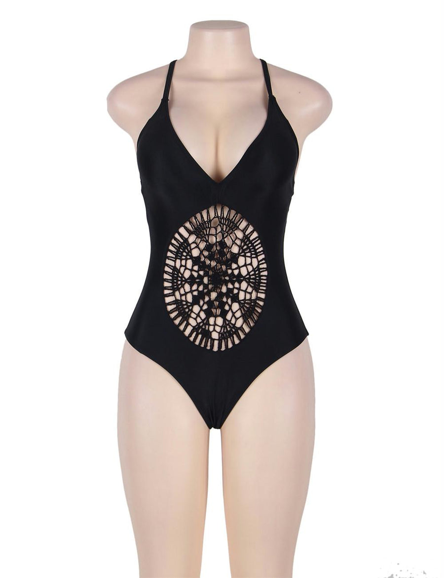 Black Crochet Front Hollow Out One Piece Swimsuit