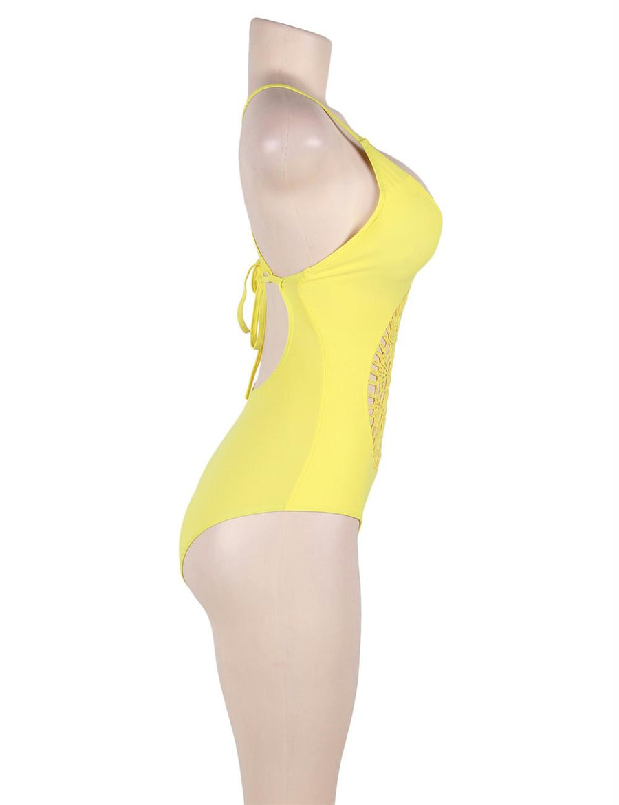 Crochet Front Hollow Out Yellow One Piece Swimsuit