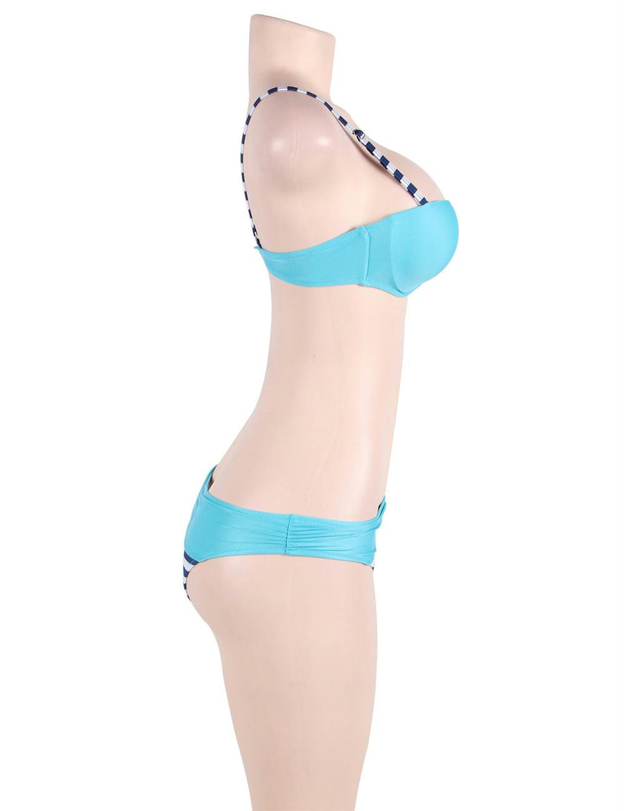 Blue Striped Padded Gather Push-up Bikini Set